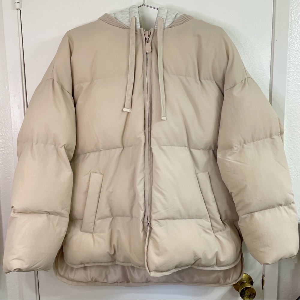 Cream ASOS Petite Oversized Jersey Hooded Puffer Jacket
